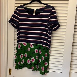 Anthropologie Navy Striped and Green Floral Top